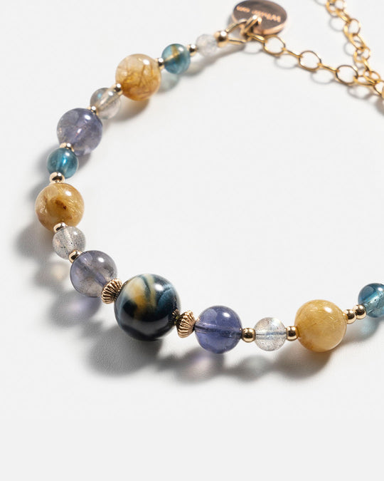 Tiger's Eye, Golden Titanium Rutilated Quartz & Iolite Bracelet