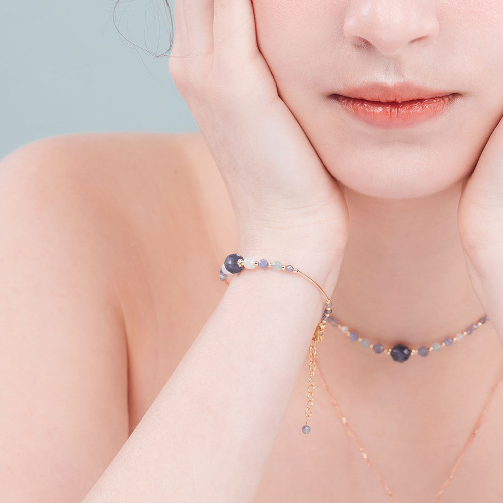 堇青石月光石坦桑石14K包金水晶手鏈