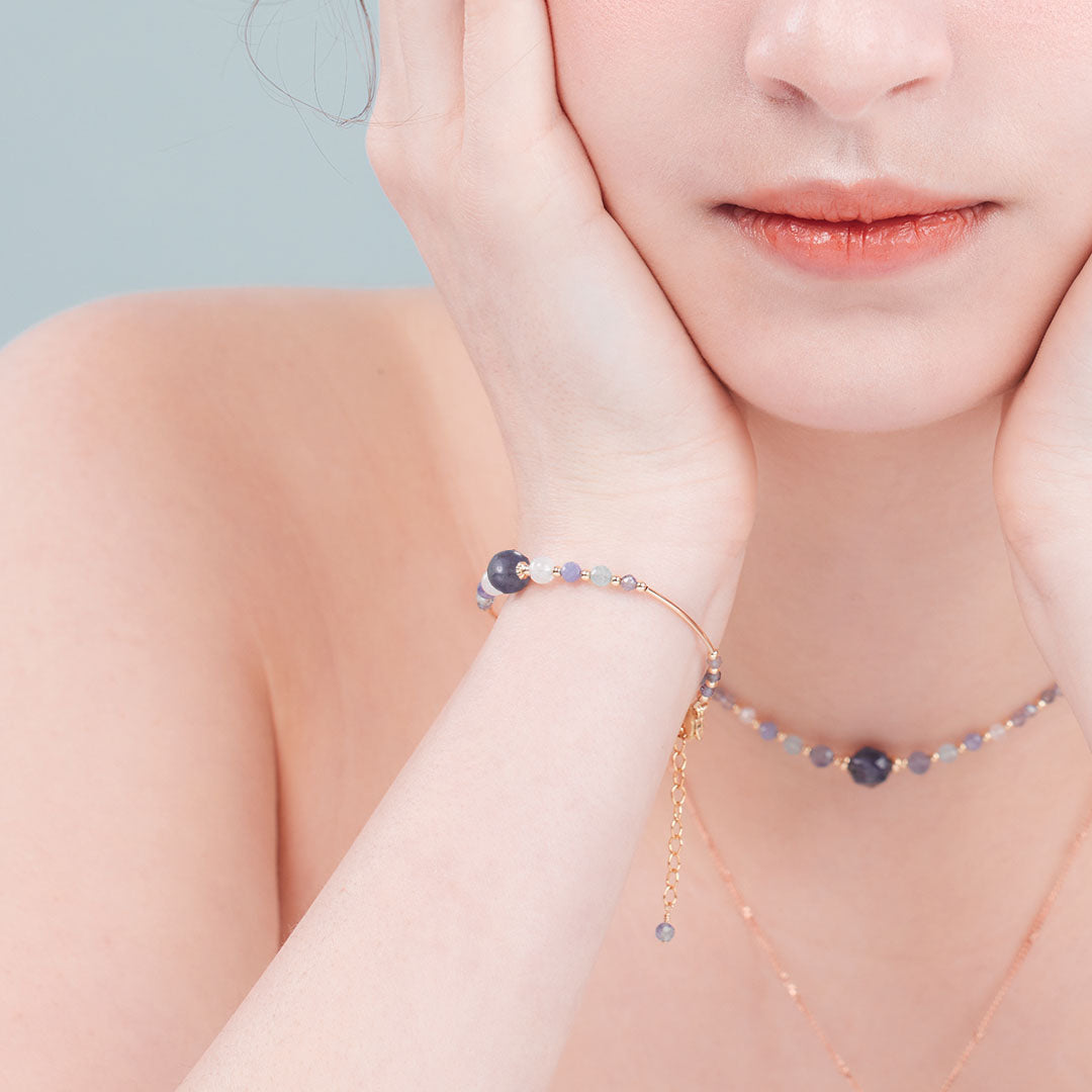 堇青石月光石坦桑石14K包金水晶手鍊