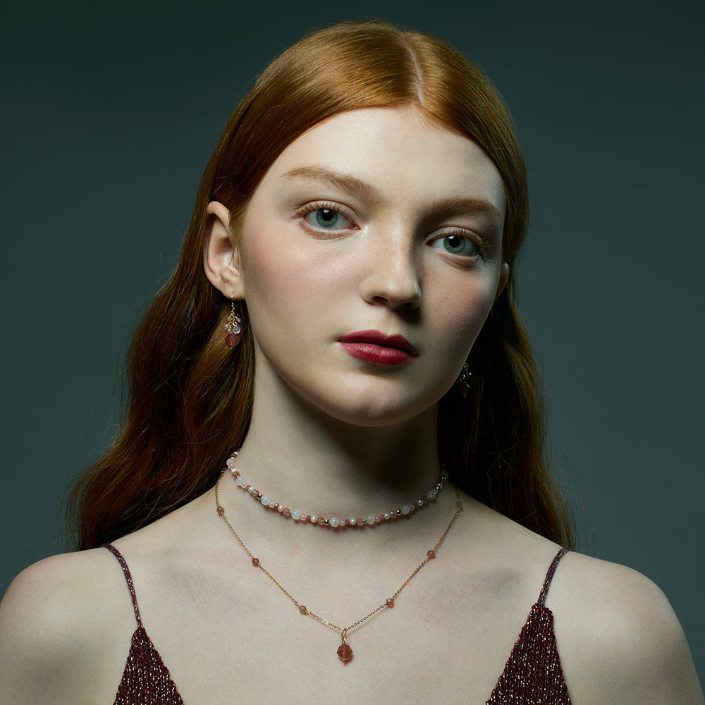 月光石草莓晶粉晶碧璽珍珠14K包金項圈項鏈