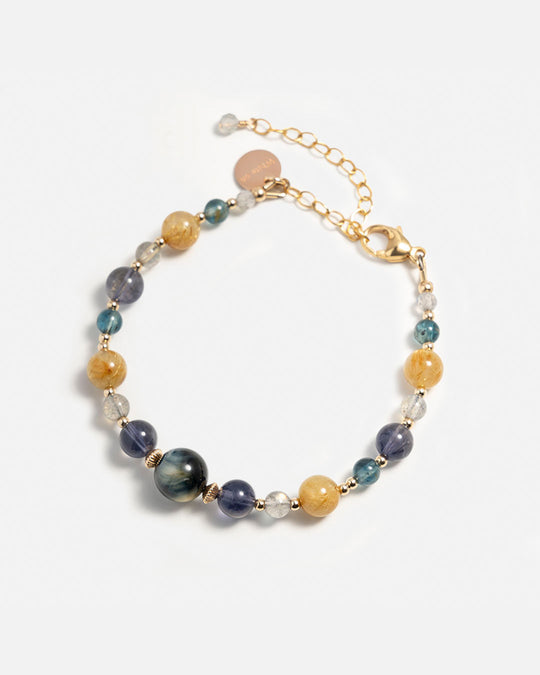 Tiger's Eye, Golden Titanium Rutilated Quartz & Iolite Bracelet