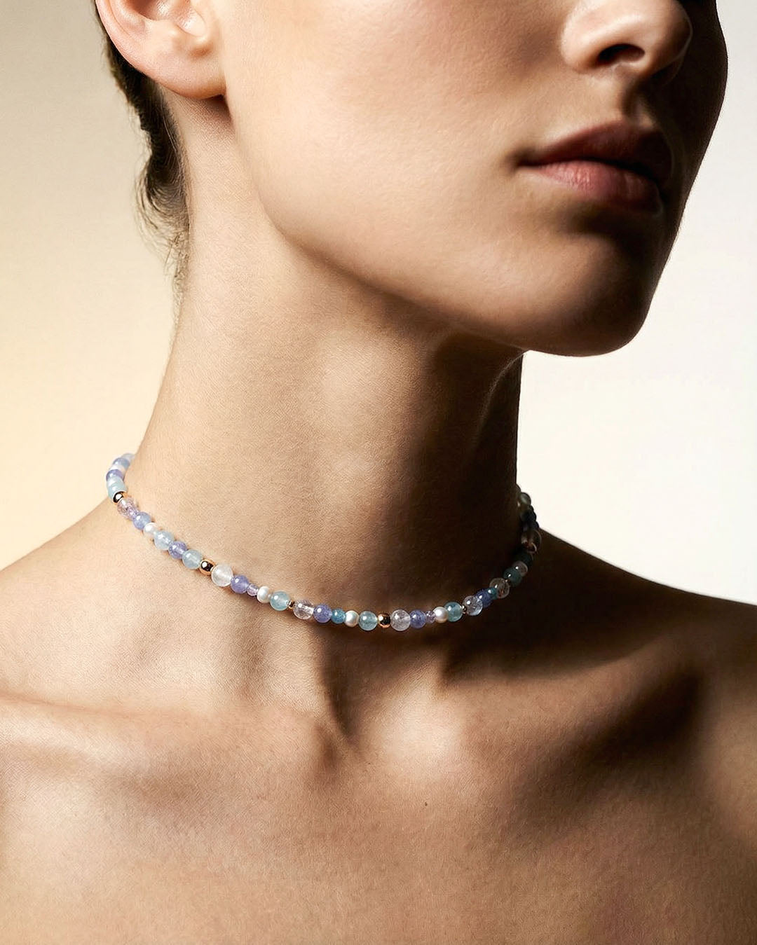 月光石海藍寶坦桑石珍珠14K包金項圈項鏈