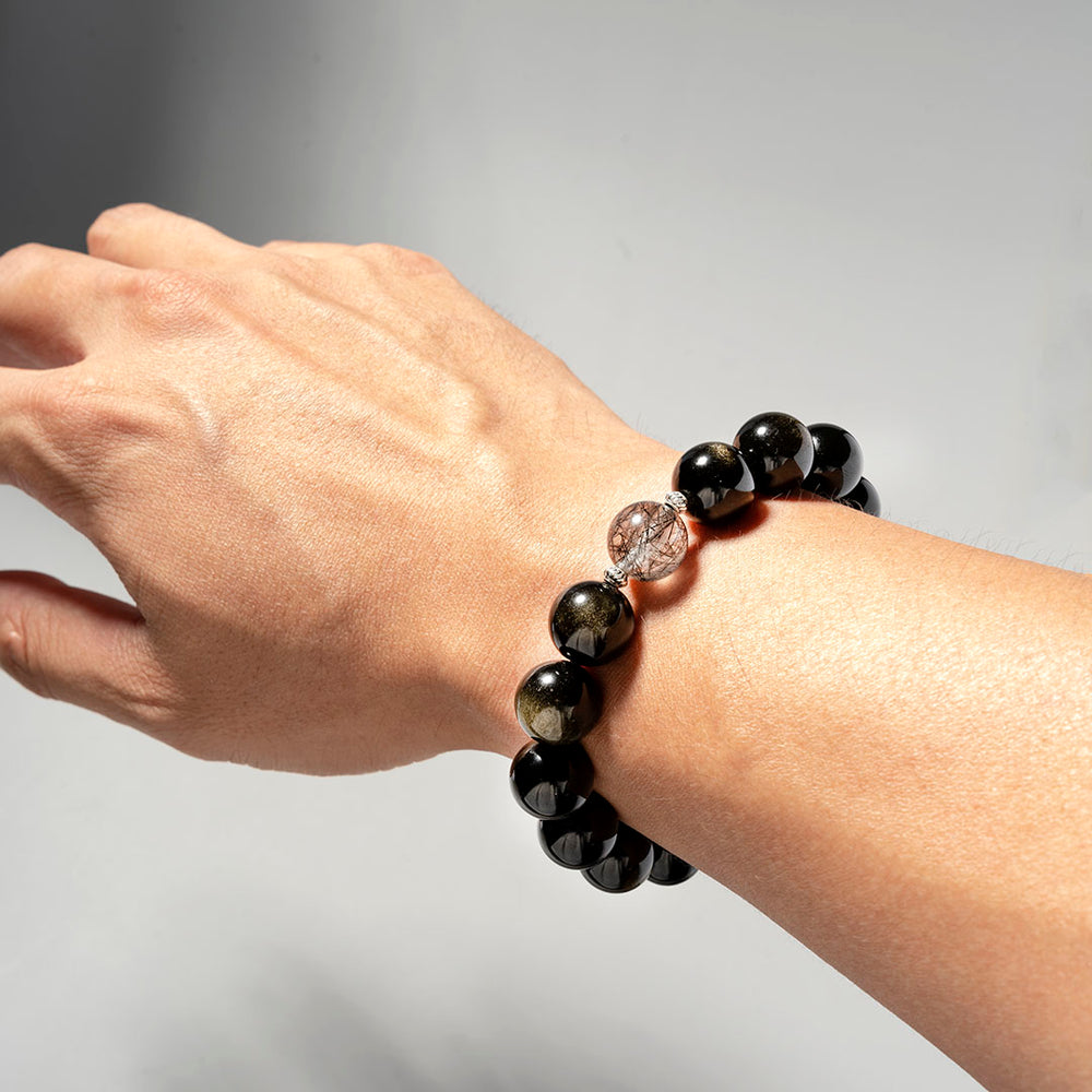 金沙黑曜石黑髮晶925銀手鏈