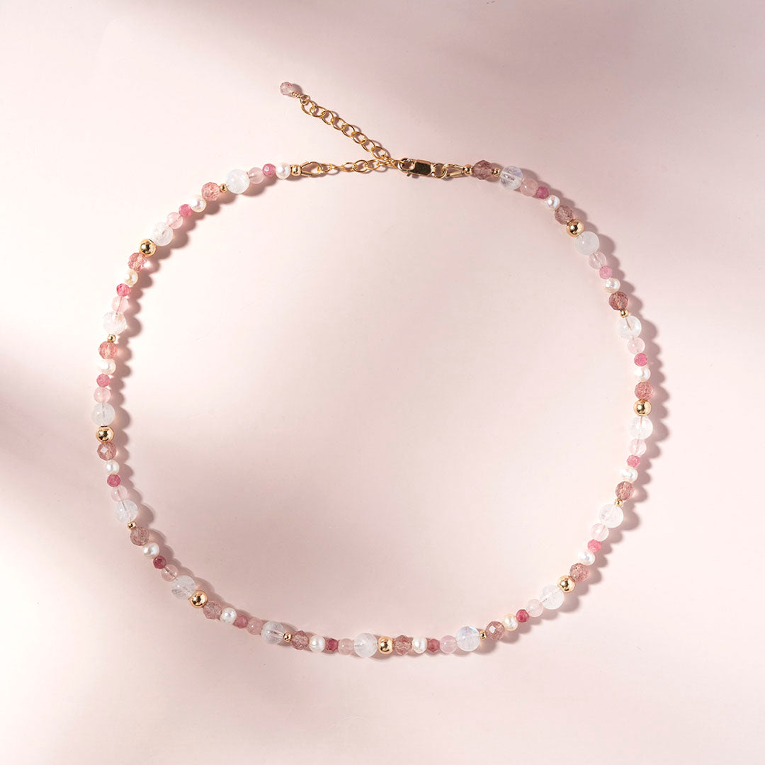 月光石草莓晶粉晶碧璽珍珠14K包金項圈項鏈