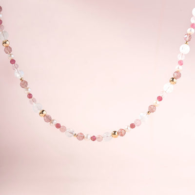 月光石草莓晶粉晶碧璽珍珠14K包金項圈項鏈