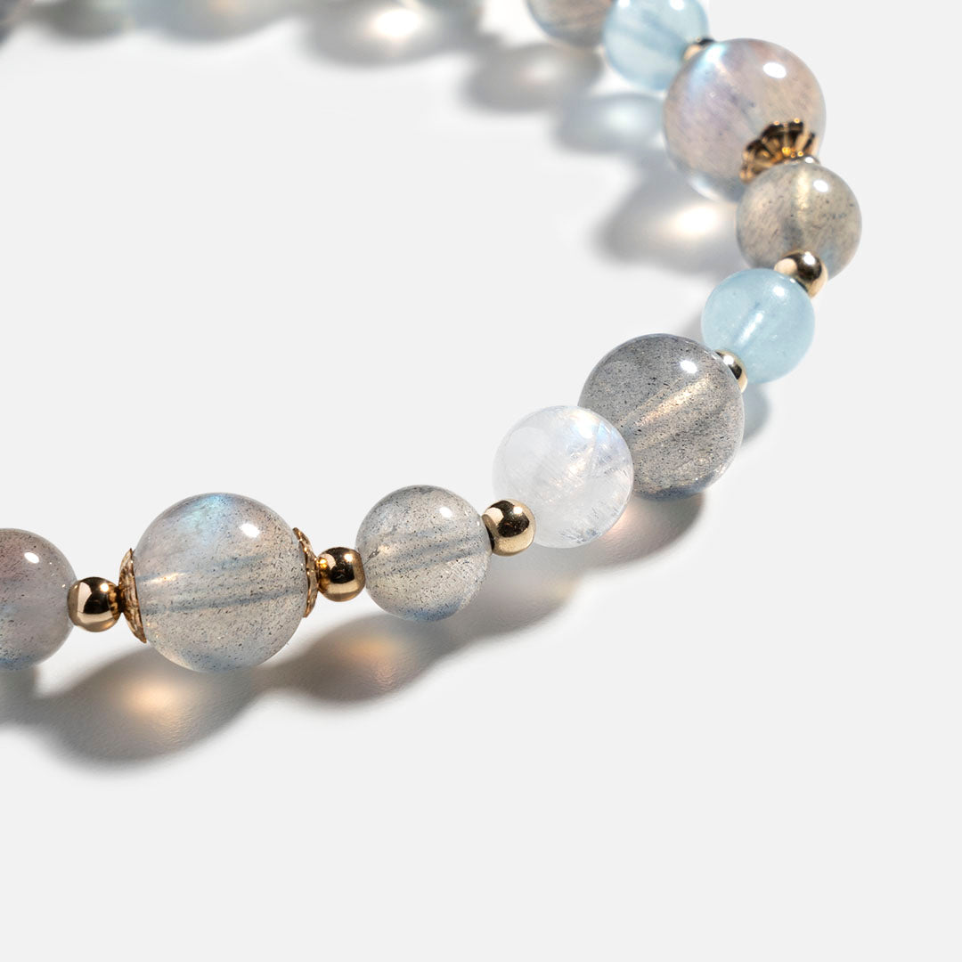 拉長石月光石海藍寶14K包金水晶手鏈