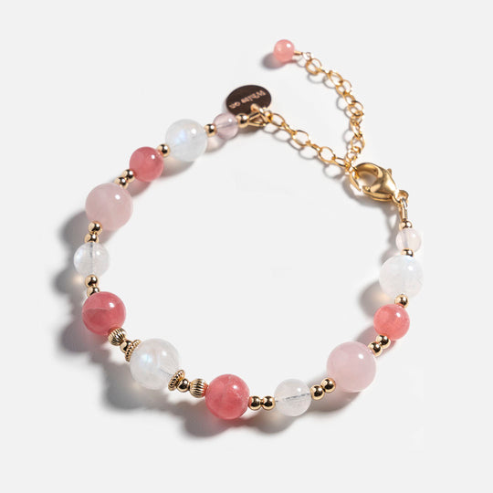 紅紋石月光石粉晶14k包金水晶手鏈