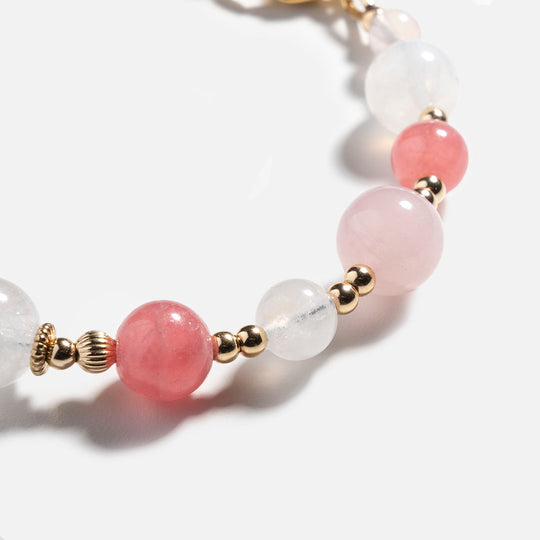 紅紋石月光石粉晶14k包金水晶手鏈