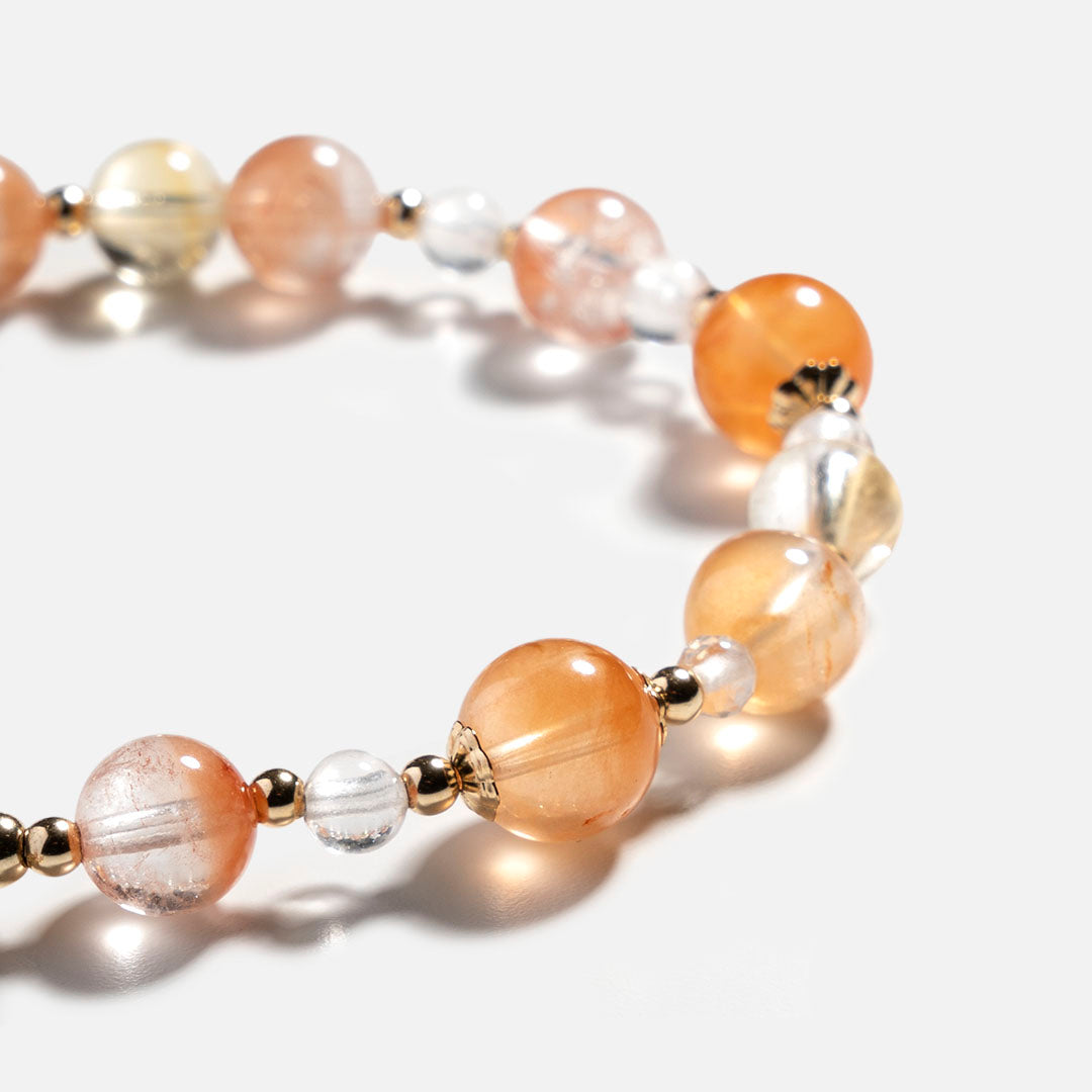 聚寶盆紅兔毛黃水晶白水晶14K包金手鏈