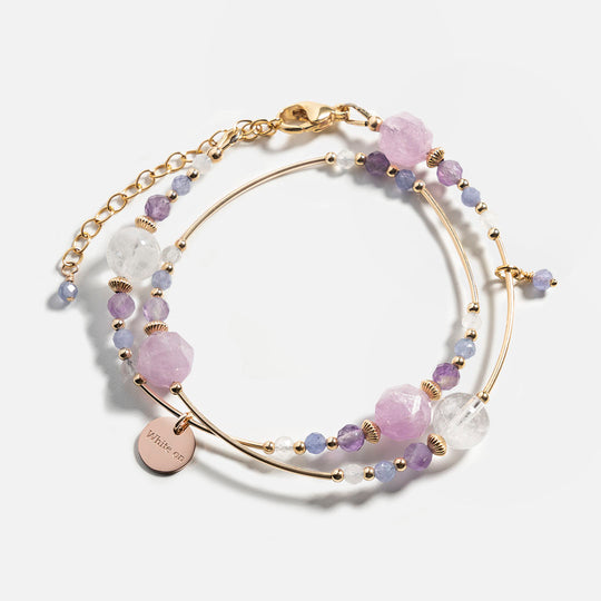 紫鋰輝白幽靈紫晶坦桑石14K包金雙圈水晶手鏈