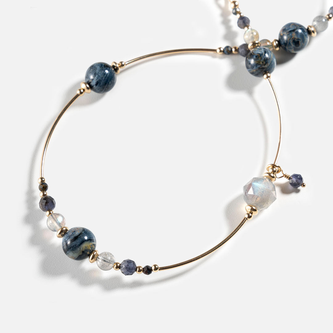 彼得石拉長石14K包金雙圈水晶手鏈