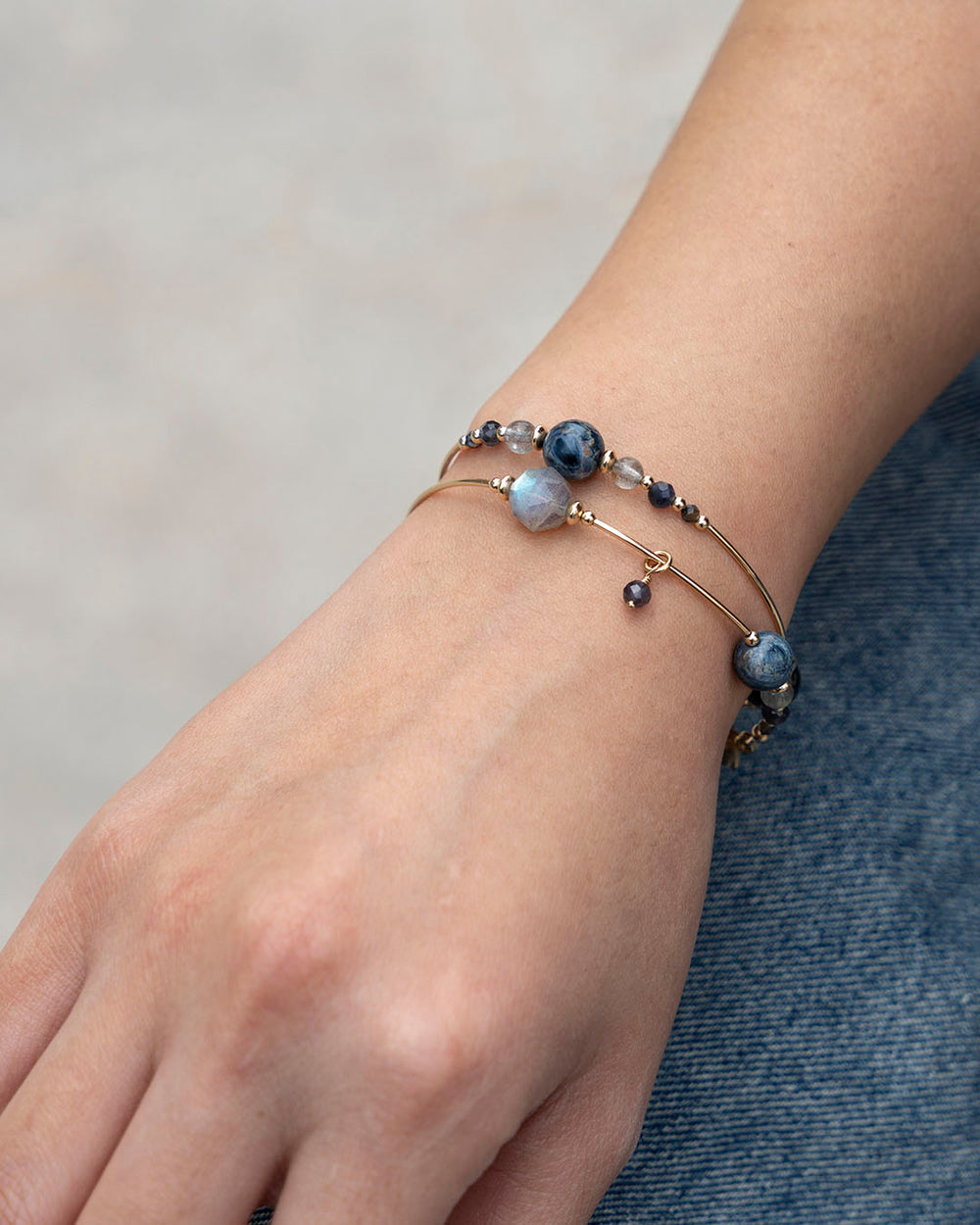 彼得石拉長石14K包金雙圈水晶手鏈