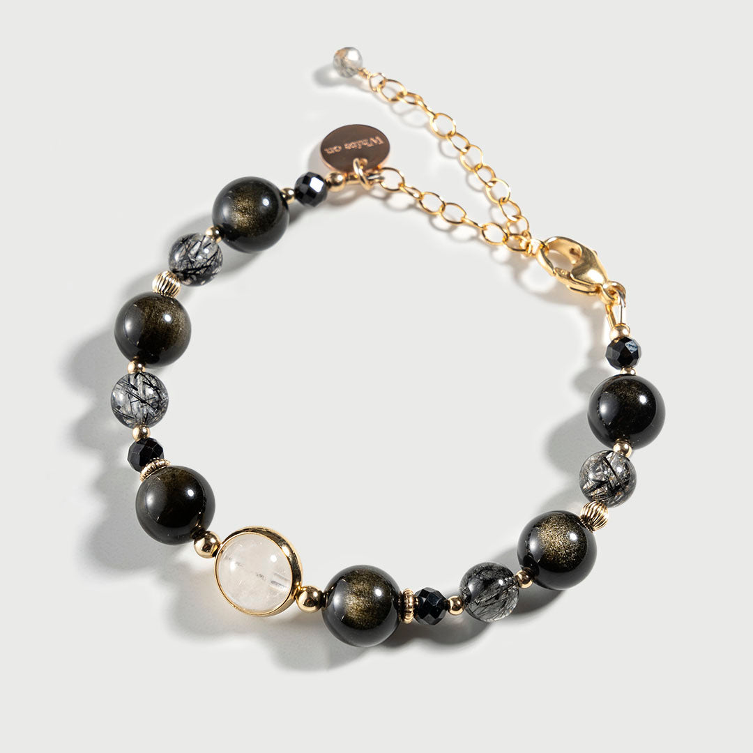 金沙黑曜石黑髮晶14K包金手鏈