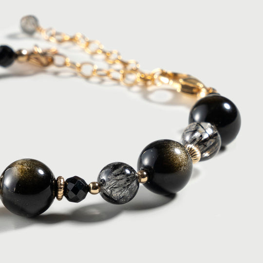 金沙黑曜石黑髮晶14K包金手鏈