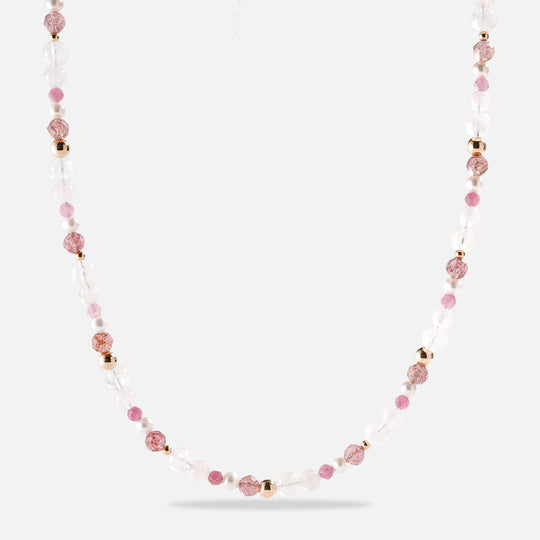 月光石草莓晶粉晶碧璽珍珠14K包金項圈項鏈