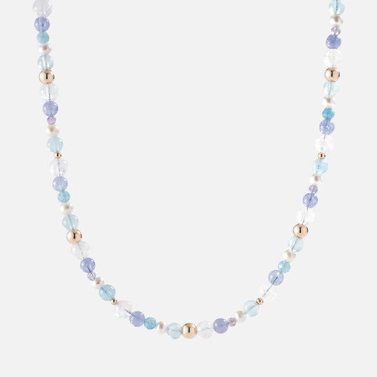 月亮石海藍寶坦桑石珍珠頸鏈