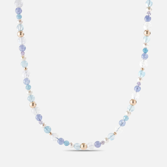 月光石海藍寶坦桑石珍珠14K包金項圈項鏈