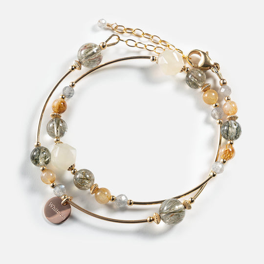 綠髮碧璽金鈦晶月亮石14K包金雙圈手鏈