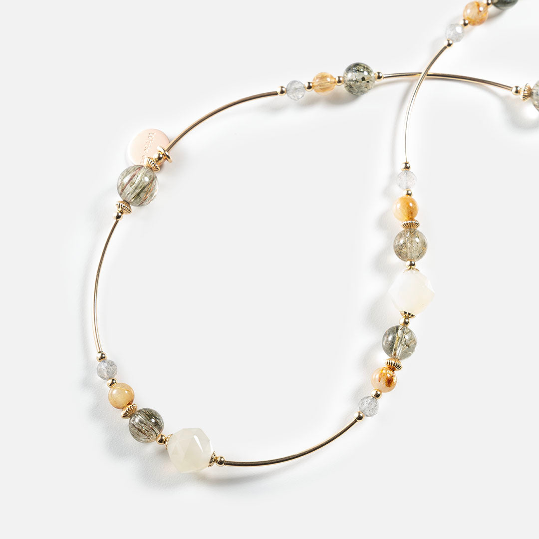 綠髮碧璽金鈦晶月亮石14K包金雙圈手鏈