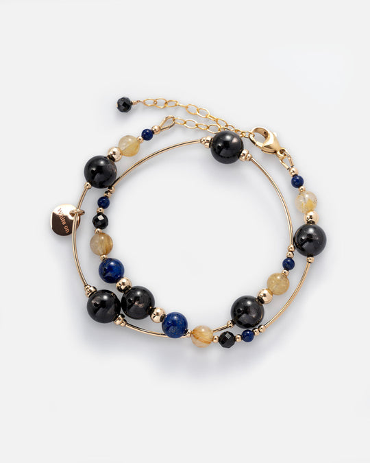 Hypersthene & Golden Rutilated Quartz Double-wrap Bracelet