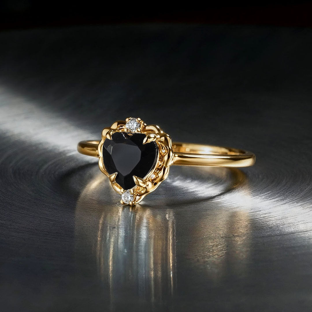 Wavy Heart 愛心黑曜石14K金戒指