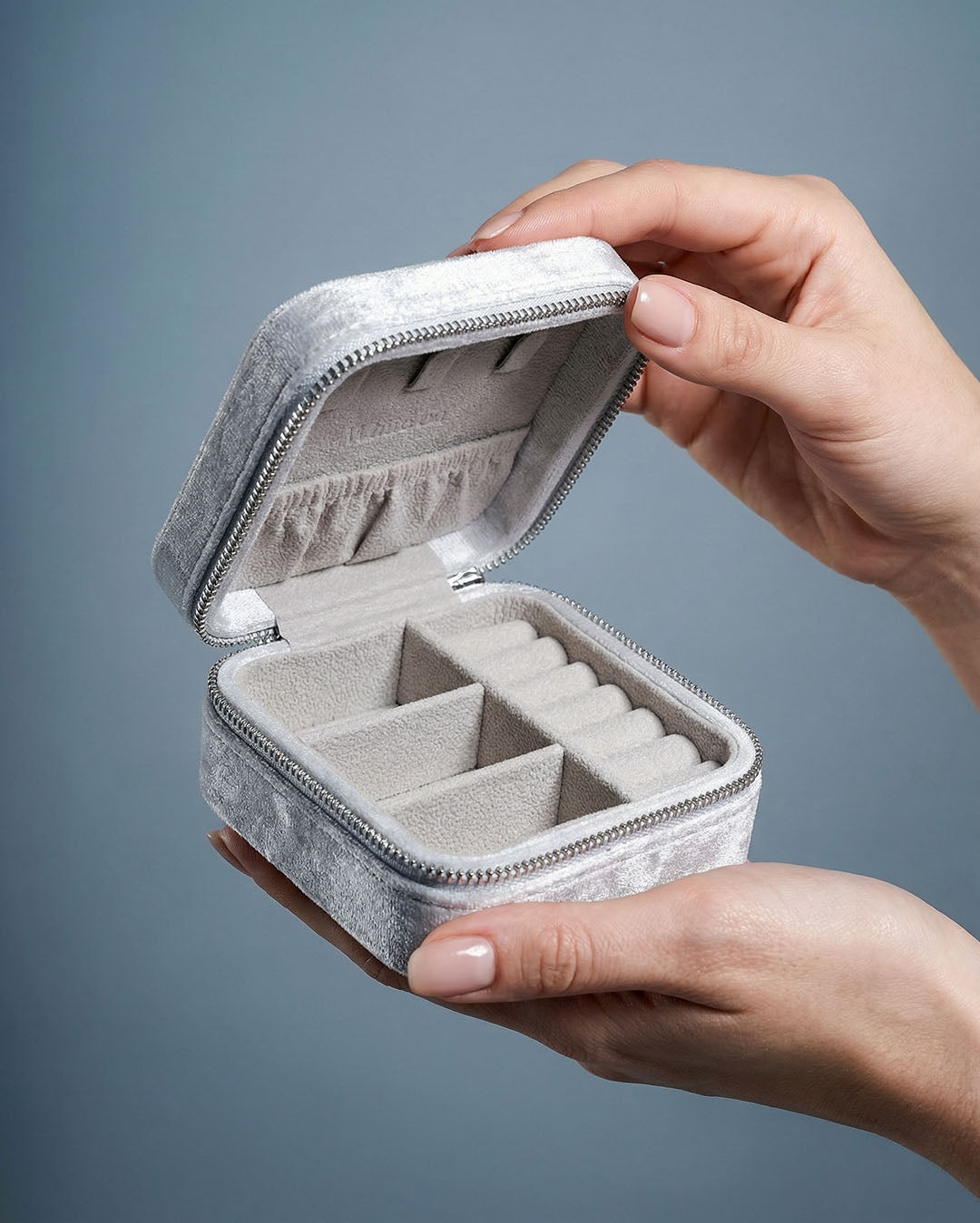 White on Mist Grey Velvet Jewelry Box