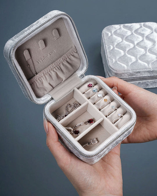 White on Mist Grey Velvet Jewelry Box