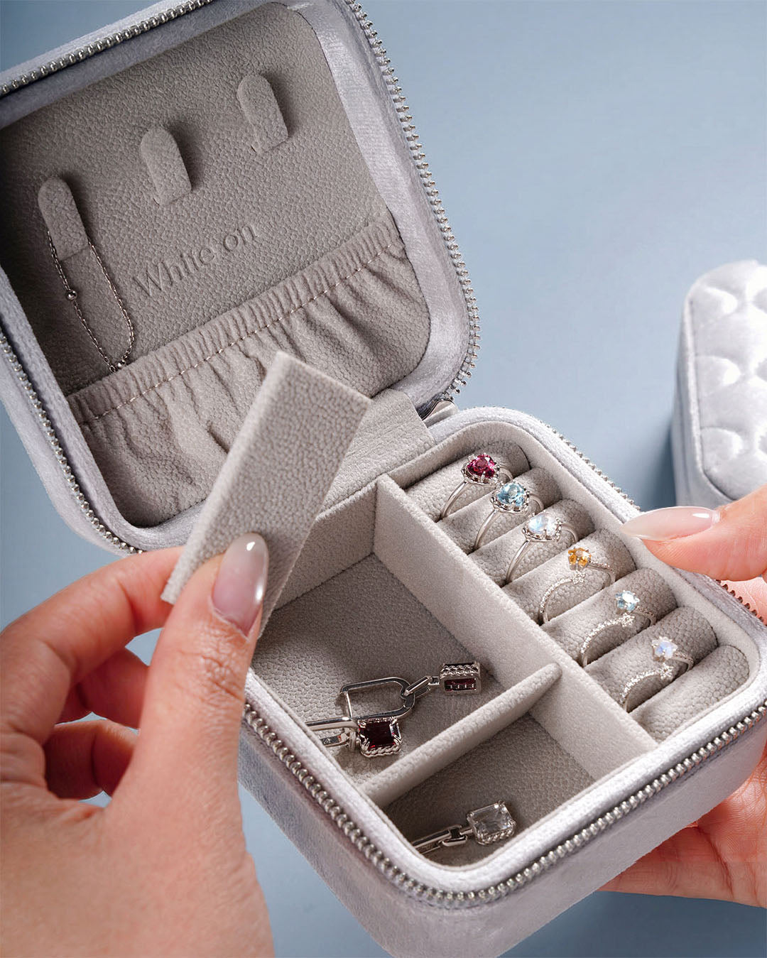White on Mist Grey Velvet Jewelry Box
