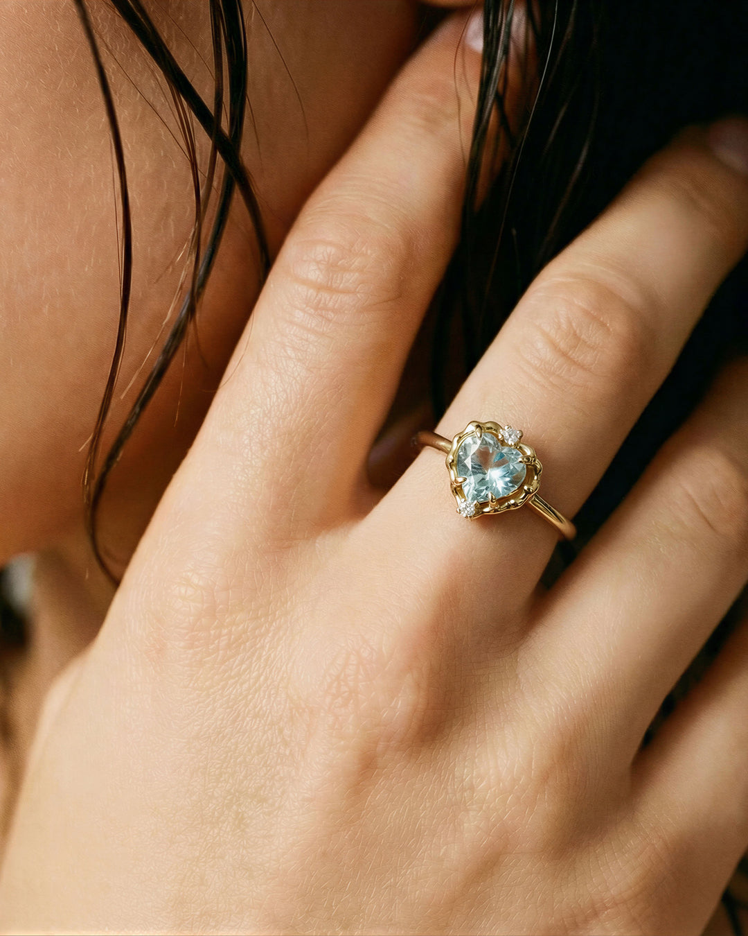 Wavy Heart Blue Topaz 14K Gold Ring