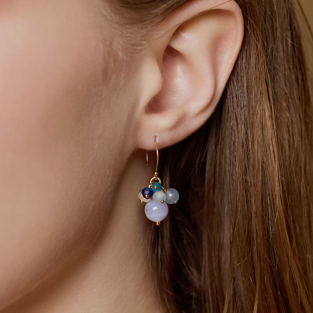 藍紋瑪瑙14K包金水晶耳環