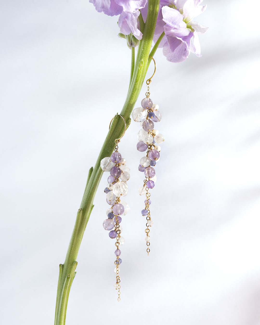 White Ghost Amethyst Blue Moonstone Hand Wound Drop Drop 14K Gold Filled Crystal Earrings