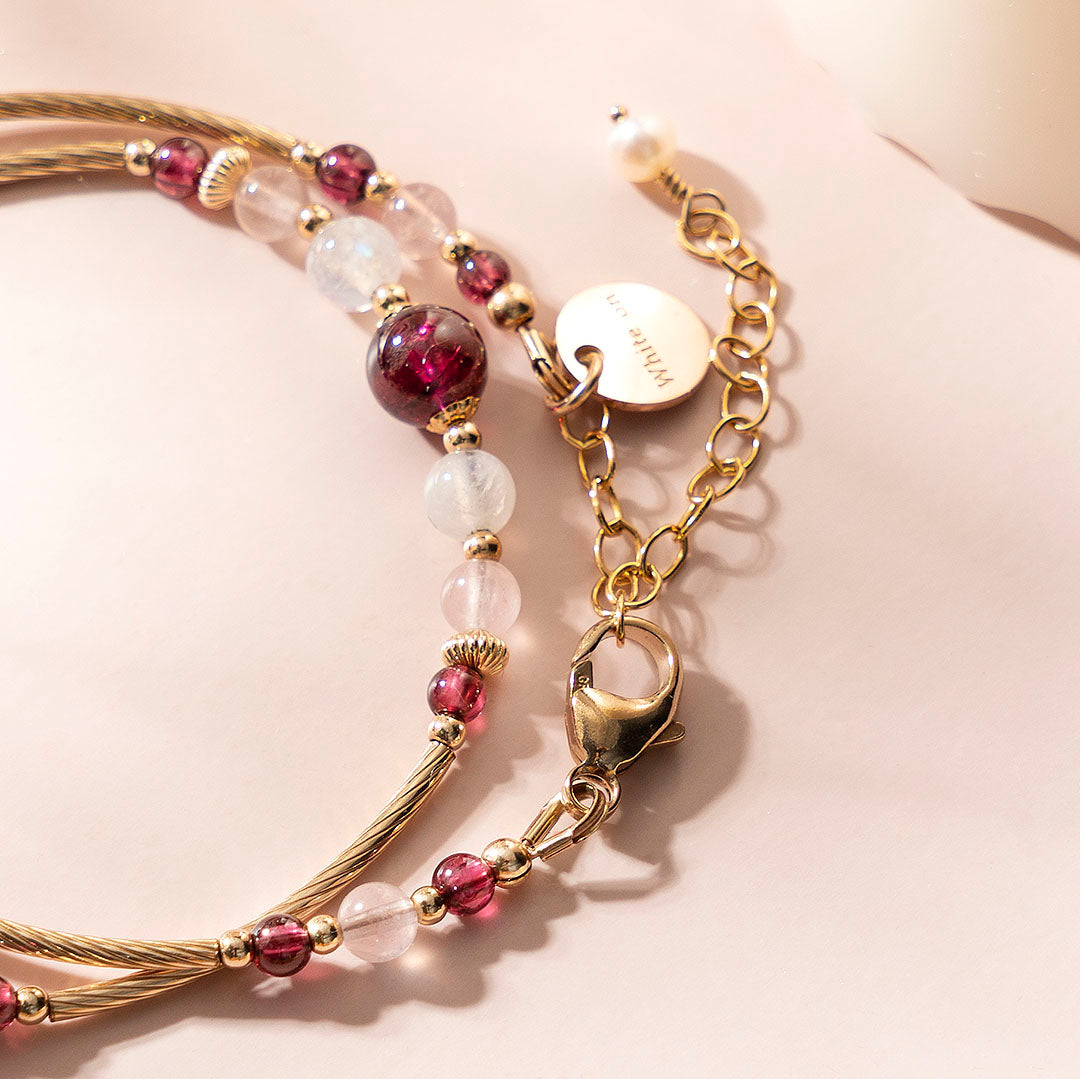 Purple Teeth Garnet Rose Quartz Moonstone 14K Gold Filled Double Circle Crystal Bracelet