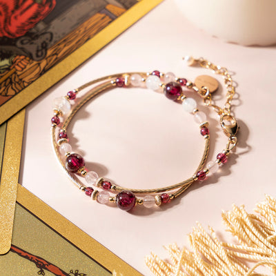 Purple Teeth Garnet Rose Quartz Moonstone 14K Gold Filled Double Circle Crystal Bracelet