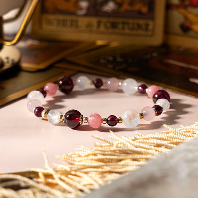 Purple Teeth Garnet Rhodochrosite Rose Quartz Moonstone 14K Gold Filled Crystal Bracelet